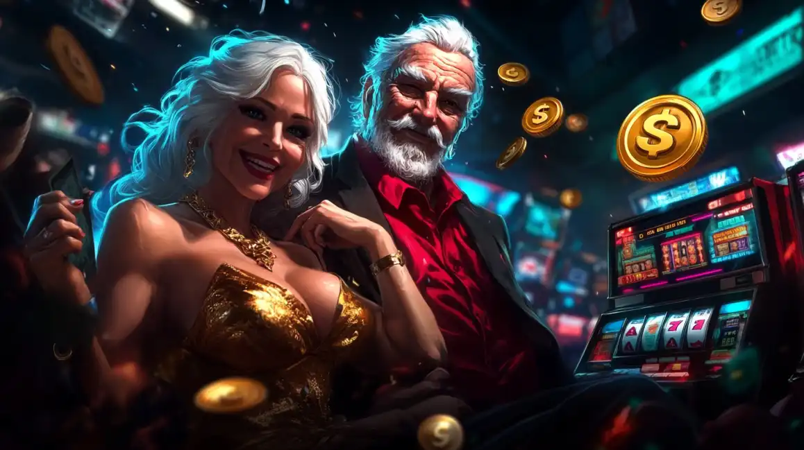 Happy elderly couple celebrating casino wins with slot machine and floating golden coins