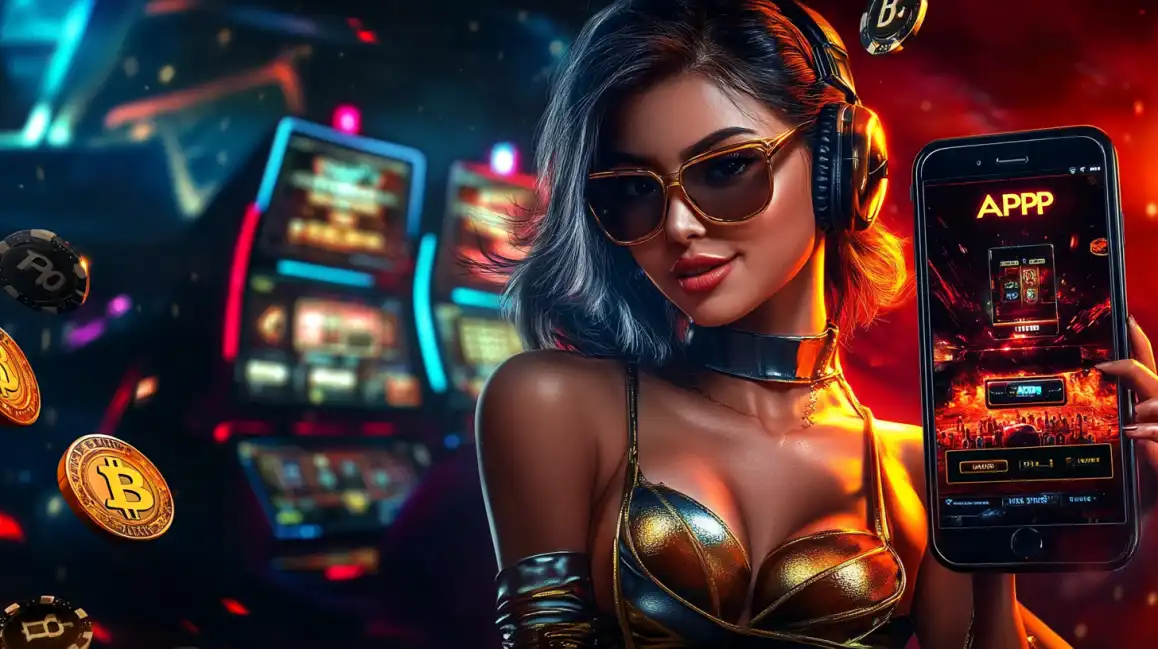 Stylish woman with headphones displaying casino app on smartphone with Bitcoin symbols and chips