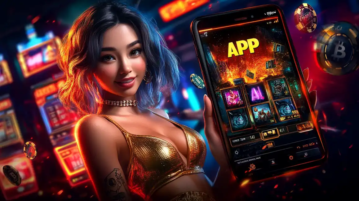 Beautiful woman in golden dress showcasing mobile casino app interface with slot games and chips
