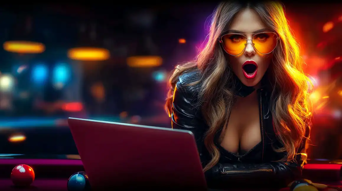Surprised woman with sunglasses using laptop for online casino gaming with colorful neon background