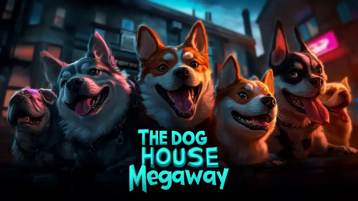 The Dog House Megaways slot game featuring happy cartoon dogs in urban night setting