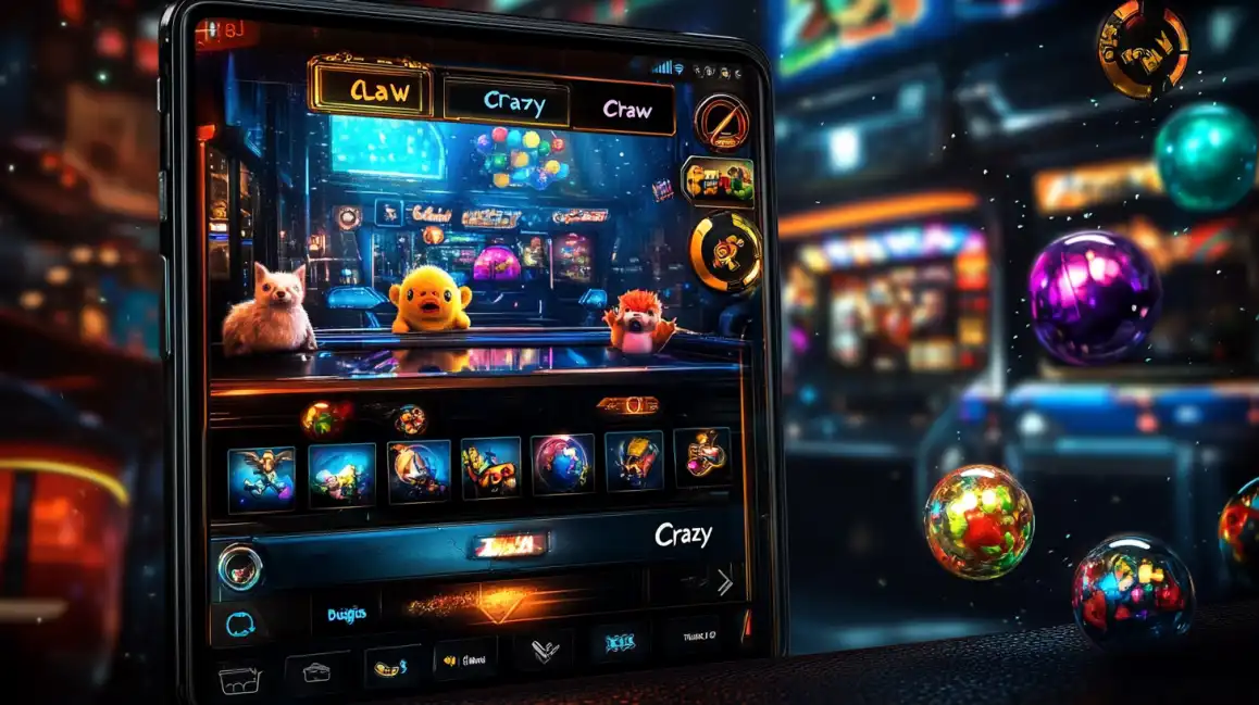 Mobile casino gaming interface showing claw machine game with various slot game options
