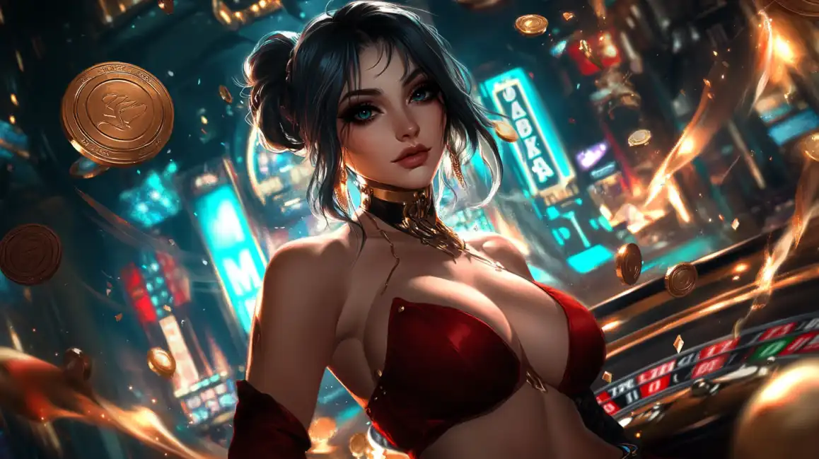 Glamorous woman in red dress surrounded by golden coins in neon-lit casino atmosphere