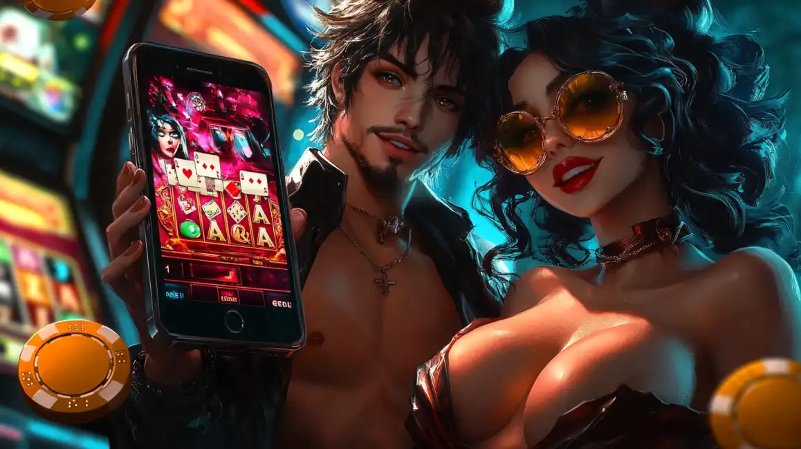 Stylish couple enjoying mobile casino gaming with slot machine app and casino chips