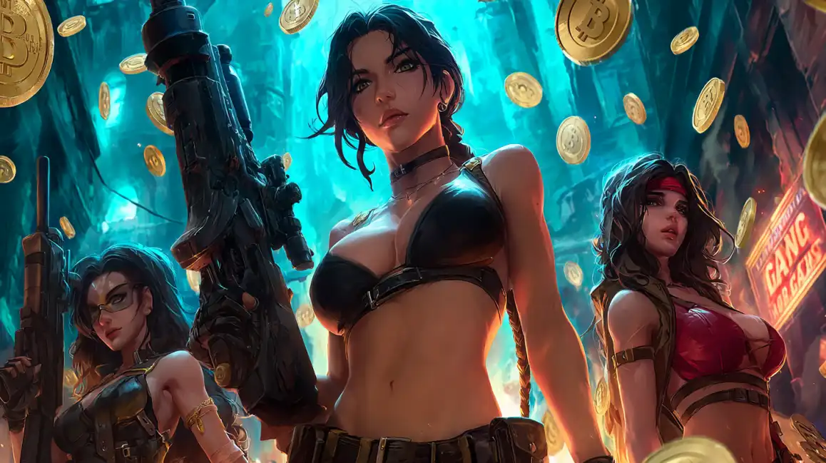 Futuristic cyberpunk-style women with weapons in casino setting with floating golden coins