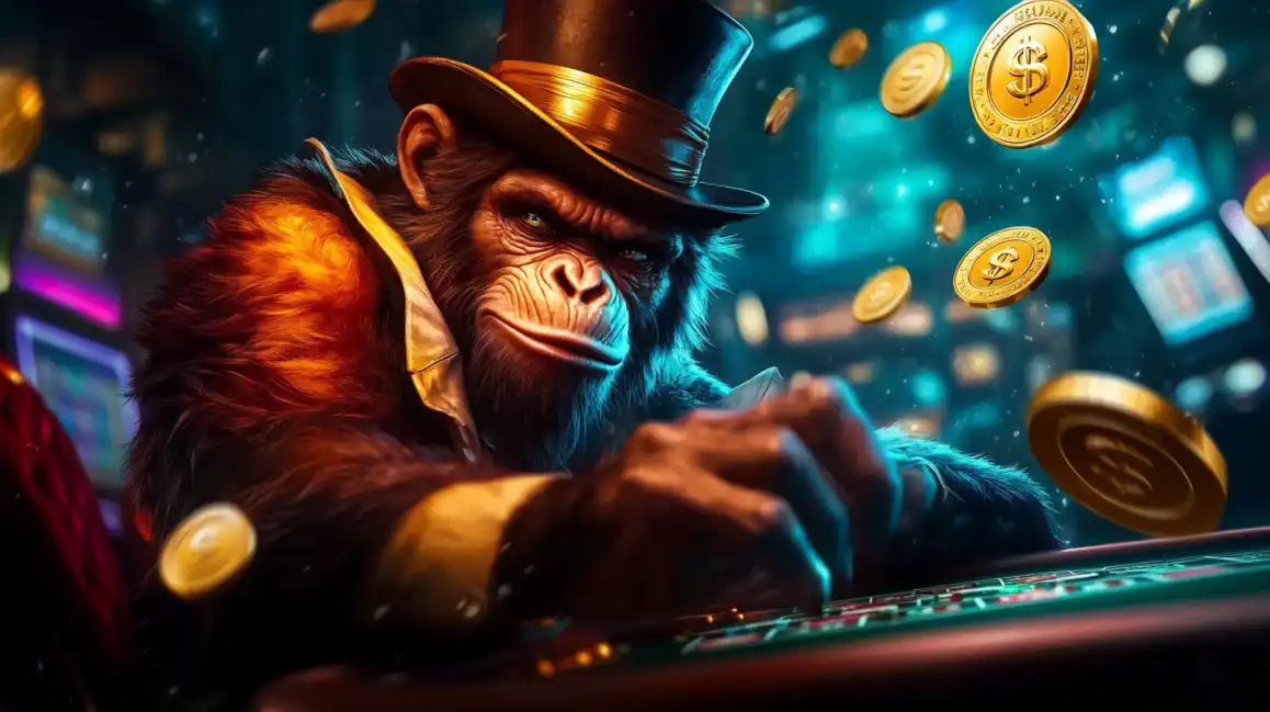 Sophisticated ape wearing top hat playing at casino table with golden coins and dollar symbols