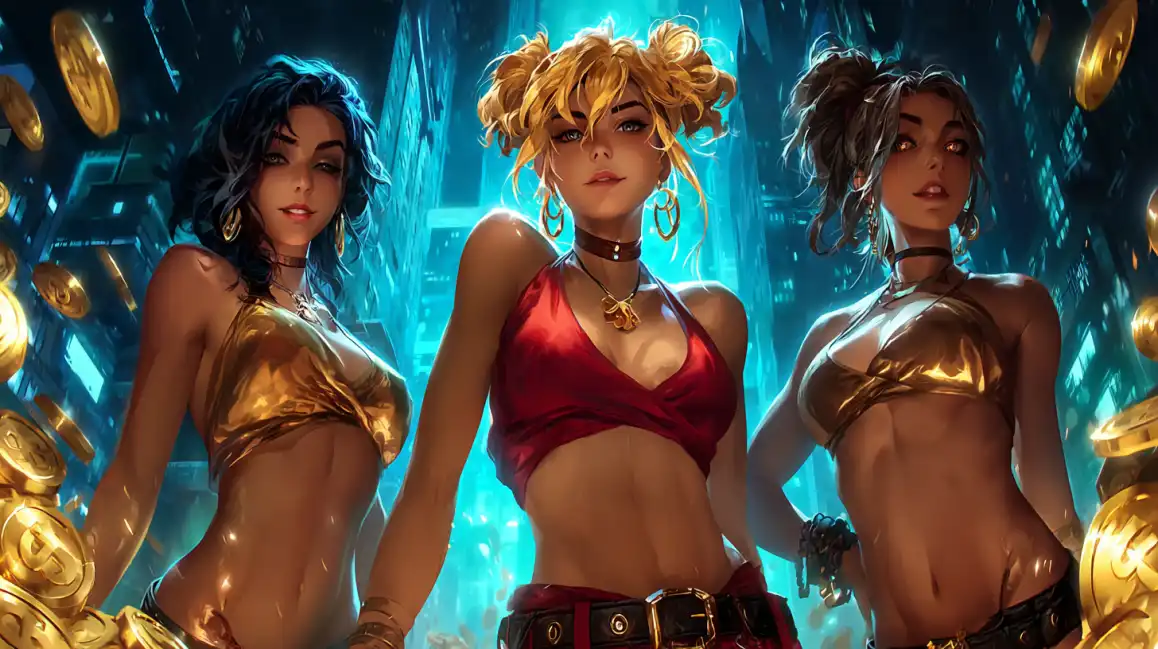 Three glamorous women in golden and red outfits surrounded by floating golden coins in casino setting