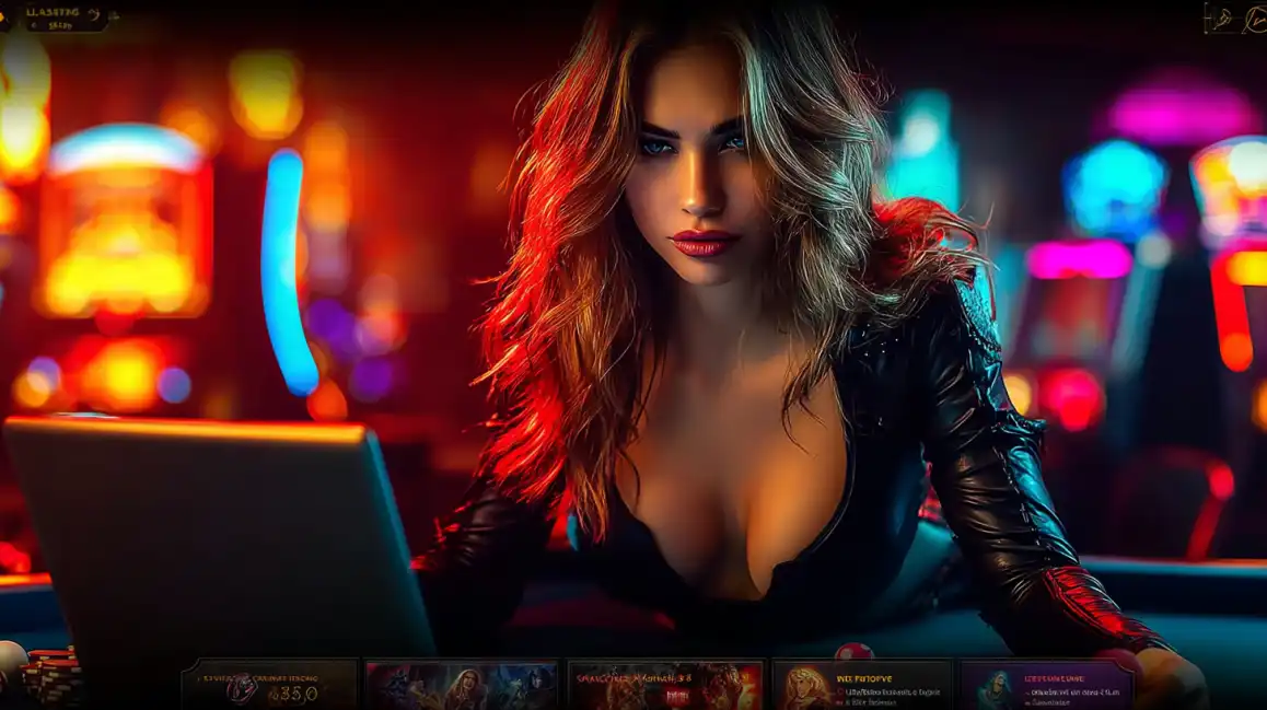 Attractive woman in black leather jacket posing in colorful neon-lit casino atmosphere