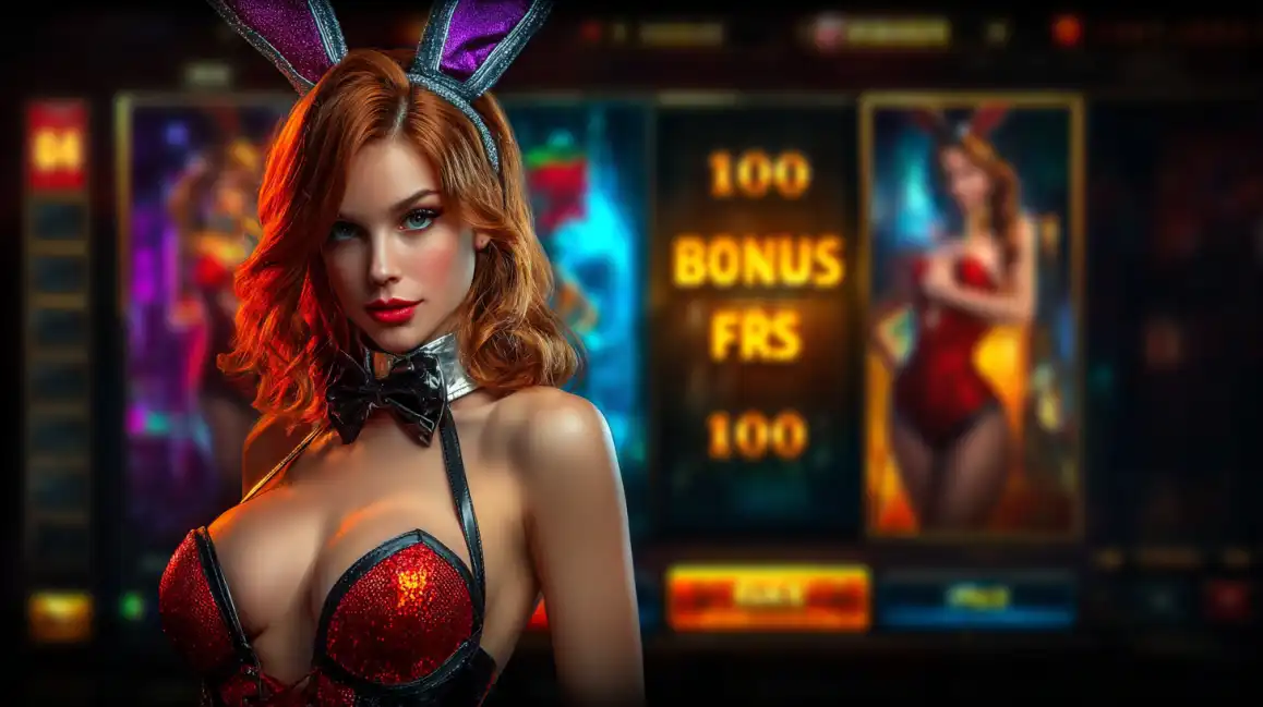 Attractive woman in bunny costume at casino with bonus free spins display in background