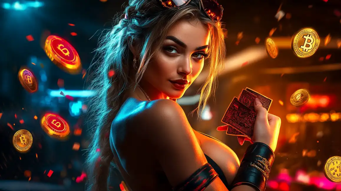 Beautiful woman holding playing cards with floating Bitcoin and casino chips around her
