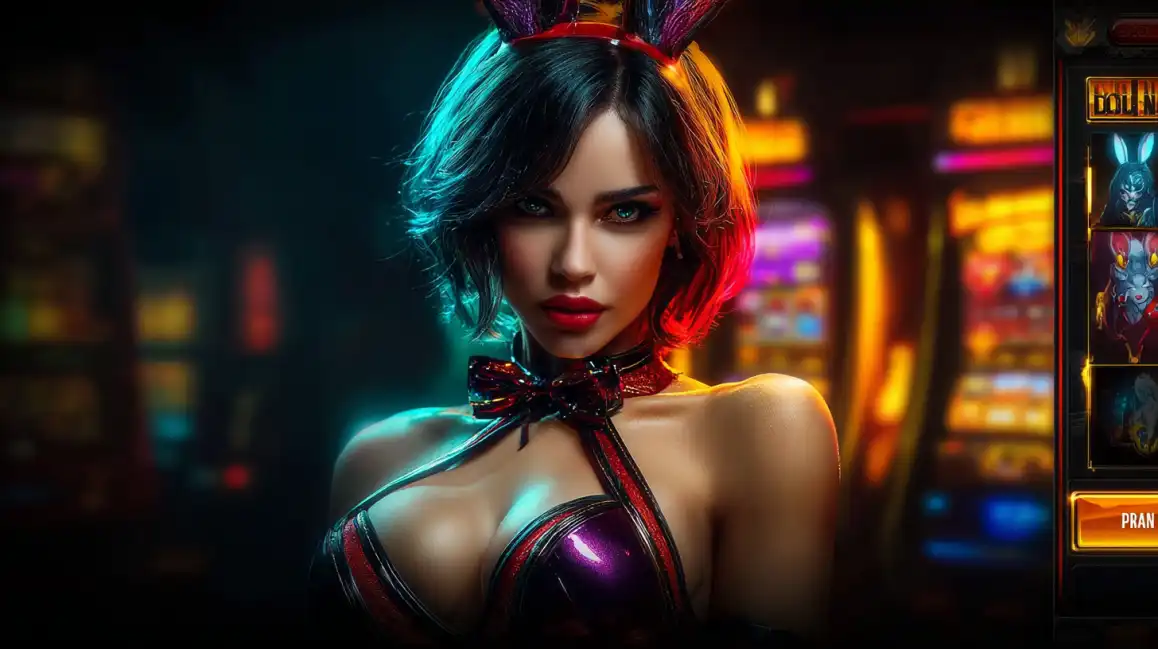 Elegant brunette woman in bunny ears costume posing in colorful casino environment