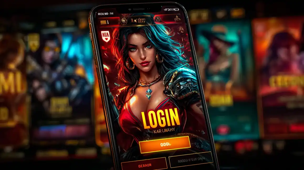 Mobile casino login screen featuring fantasy-themed woman character with ornate costume design