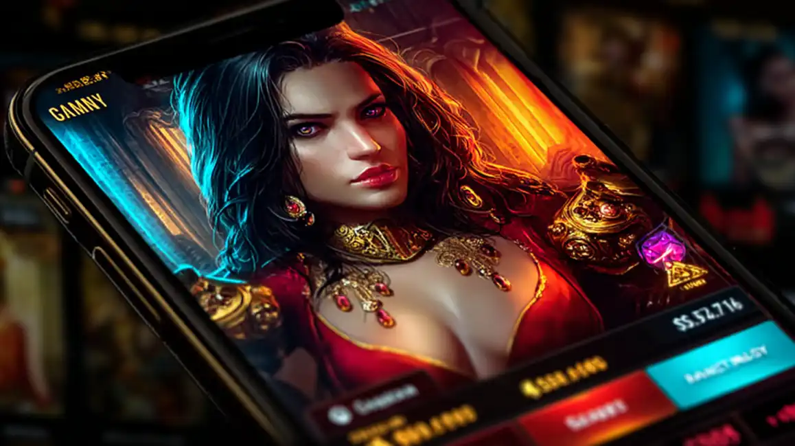 Elegantly dressed woman with elaborate jewelry displayed on mobile casino game screen