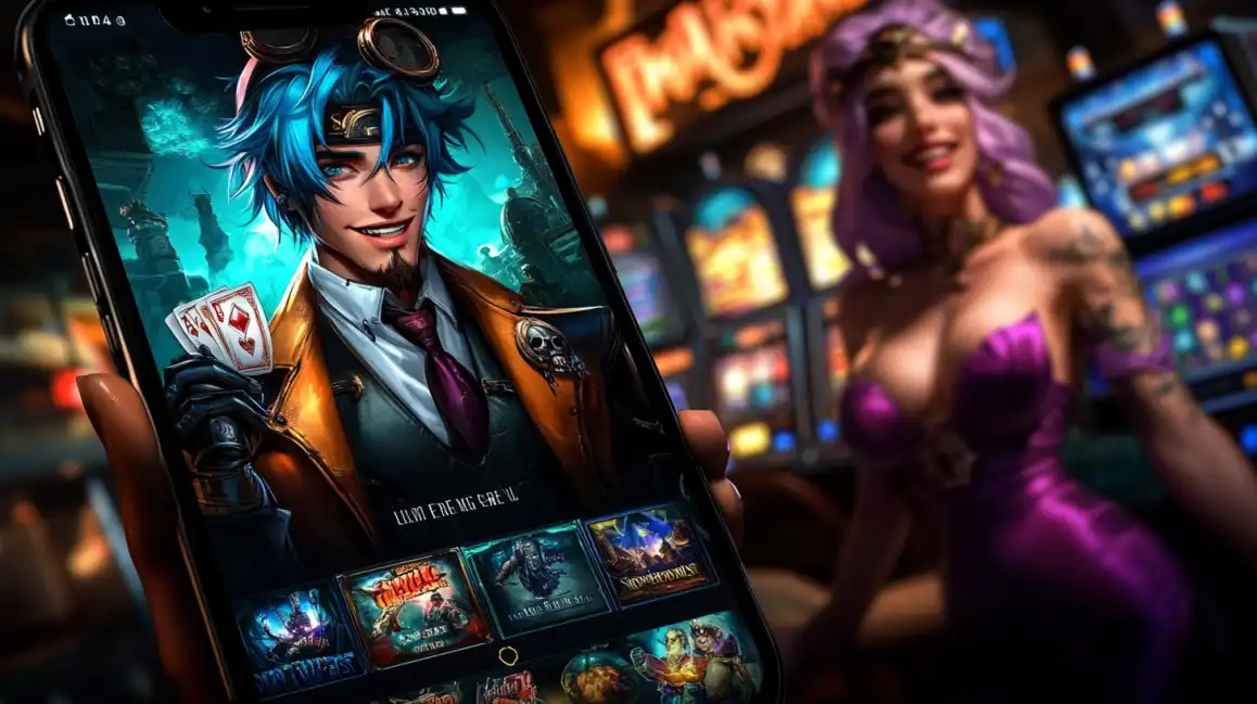 Stylish anime-style male character with playing cards on mobile casino game interface