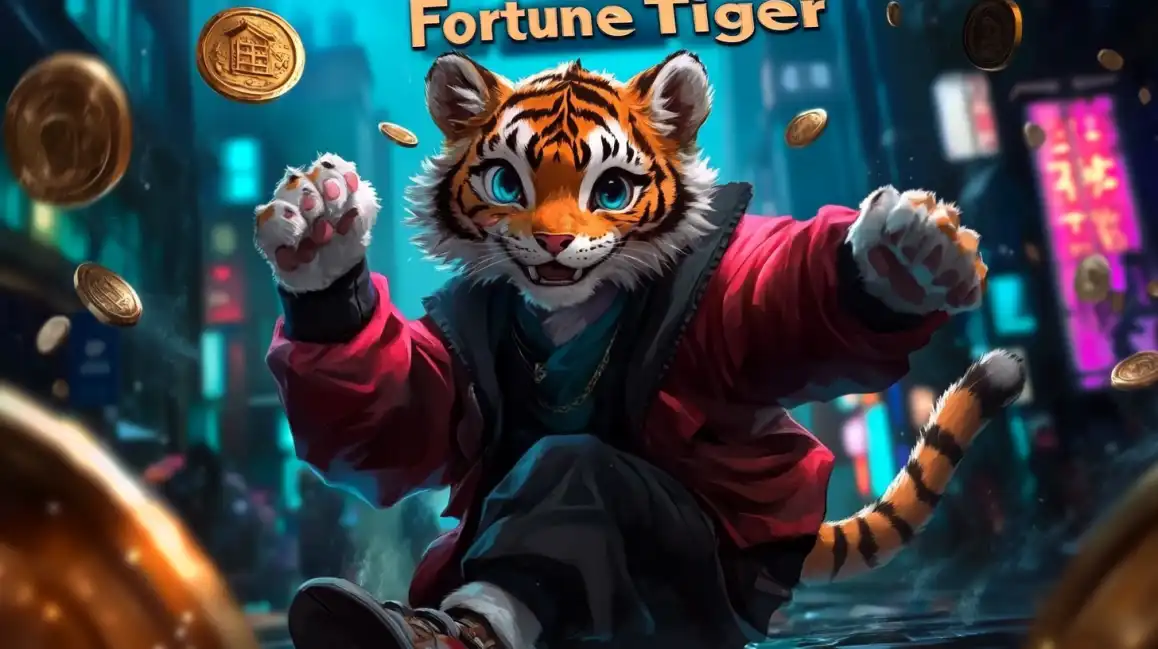 Fortune Tiger slot game featuring cartoon tiger character with golden coins in neon casino environment