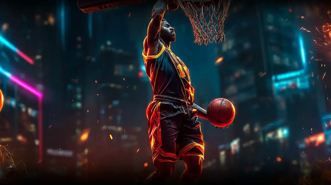 Dynamic basketball player dunking ball in neon-lit arena for sports betting promotions