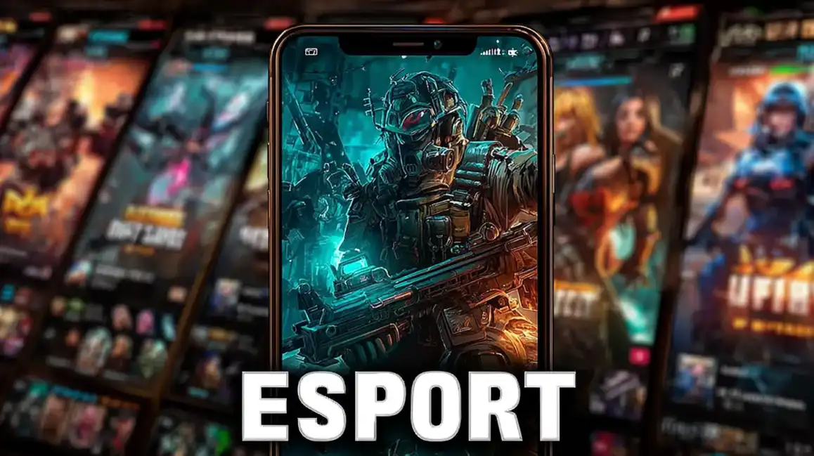 Mobile esports gaming showing tactical shooter game on smartphone with gaming posters background