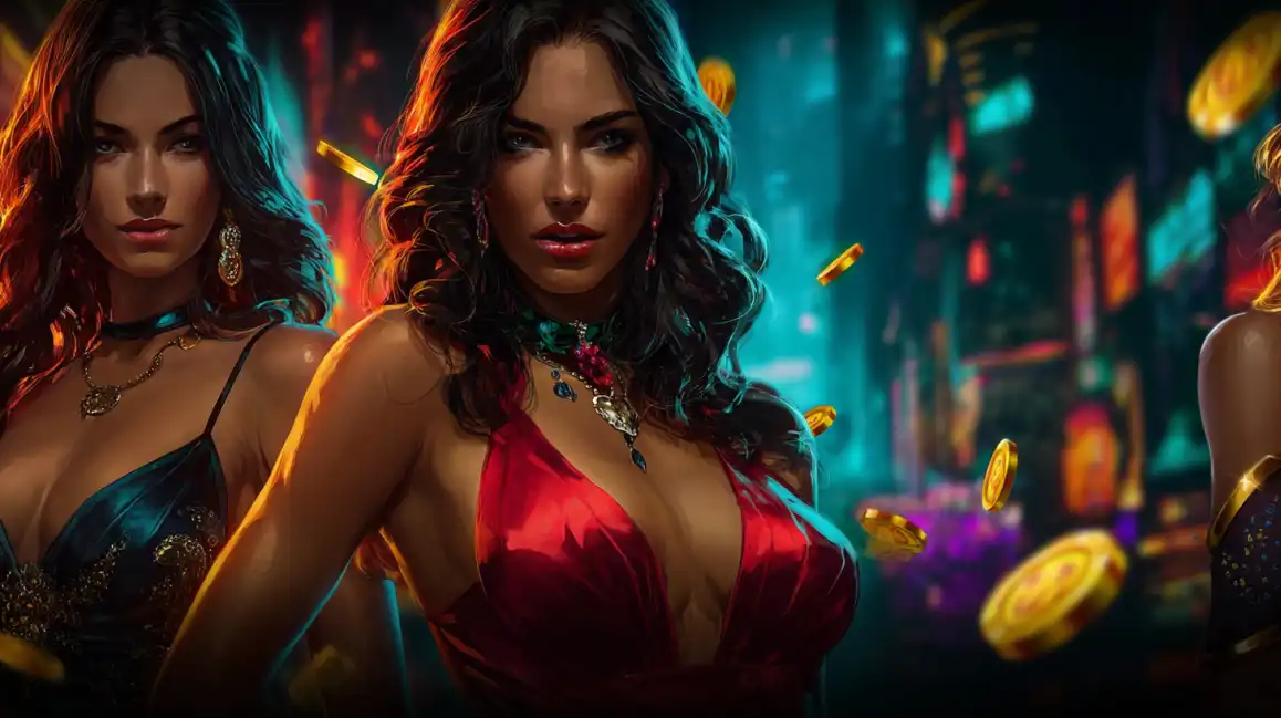 Three glamorous women in elegant dresses surrounded by floating golden coins in casino setting